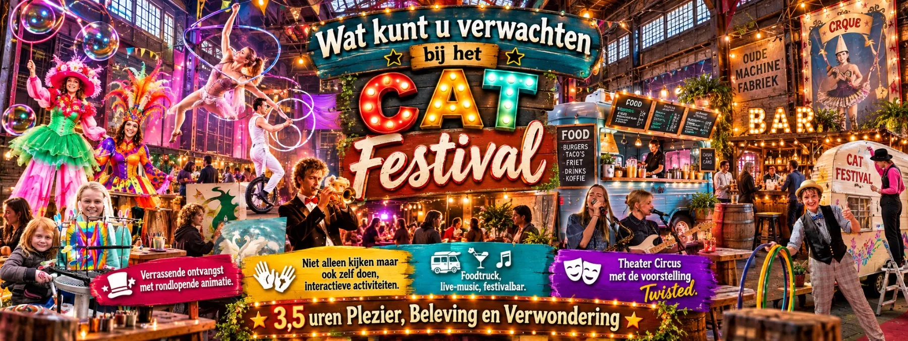 Wat kunt u verwachten bij het CAT Festival: verrassende ontvangst met rondlopende animatie; niet alleen kijken maar ook zelf doen, interactieve activiteiten; foodtruck, live-music, festivalbar; Theater Circus met de voorstelling Twisted. 3,5 uren plezier, beleving en verwondering.